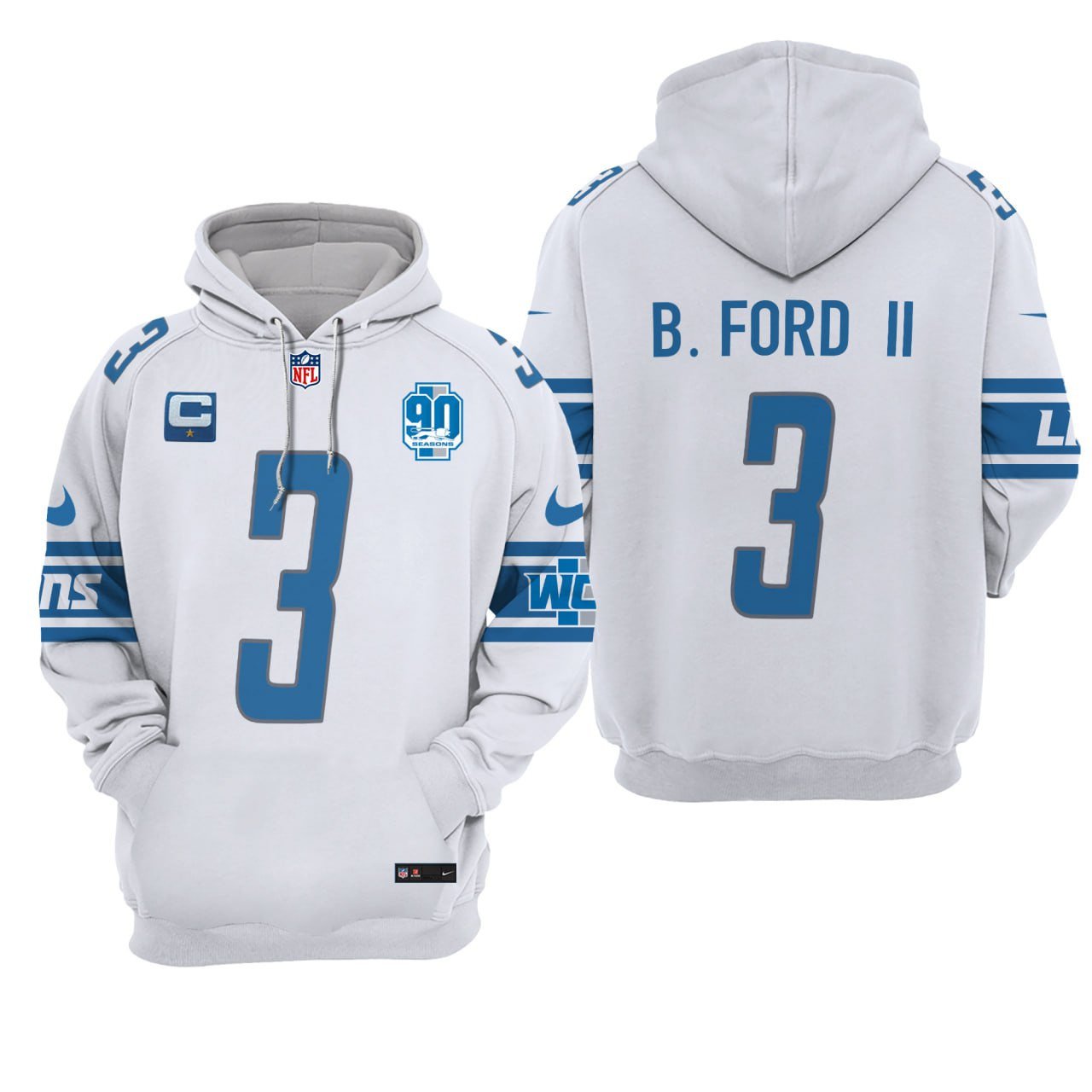 B. Ford #3 Detroit Lions Hoodie – Stitched