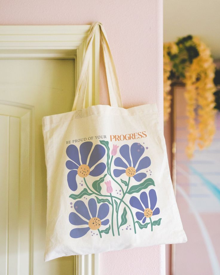 Be Proud of Your Progress Flower Tote – Boho Totebag – Inspirational Totebag, Boho Floral Tote, Mental Health Tote, Self Love Tote Bag, Best Tote Bags Ideas, Cute Tote Bags Ideas, Tote Bag Design Ideas, Girls Tote Bag, Best Canvas Tote Bags Ideas