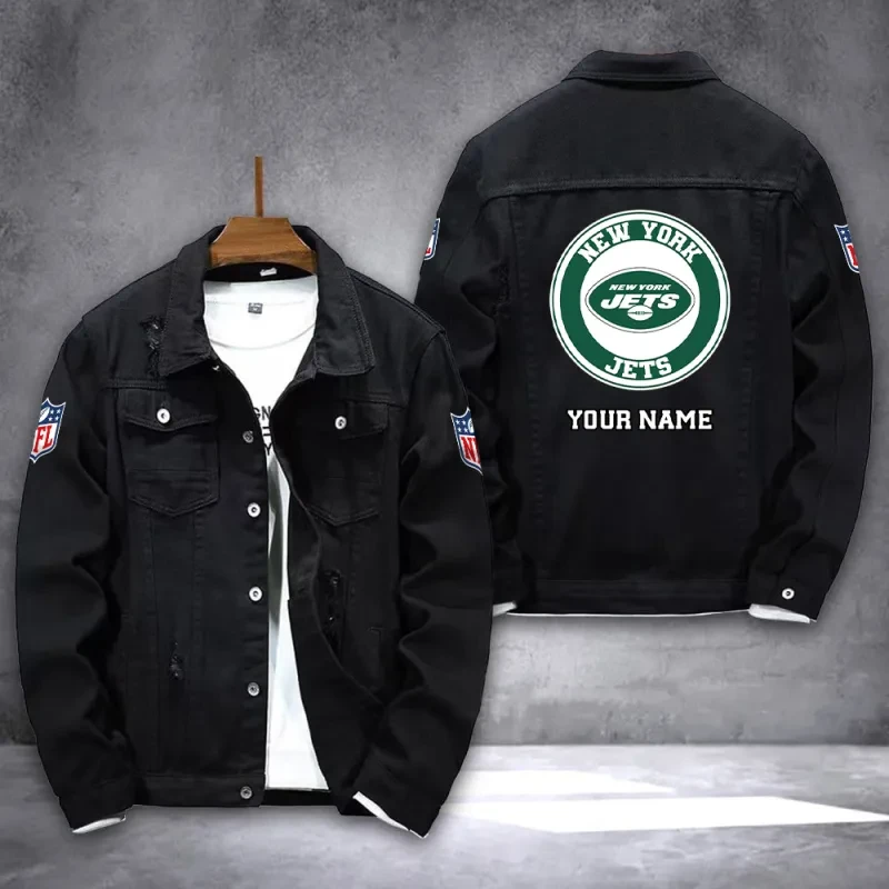 New York Jets NFL Team Name Personalized Back Logo Black Denim Jacket