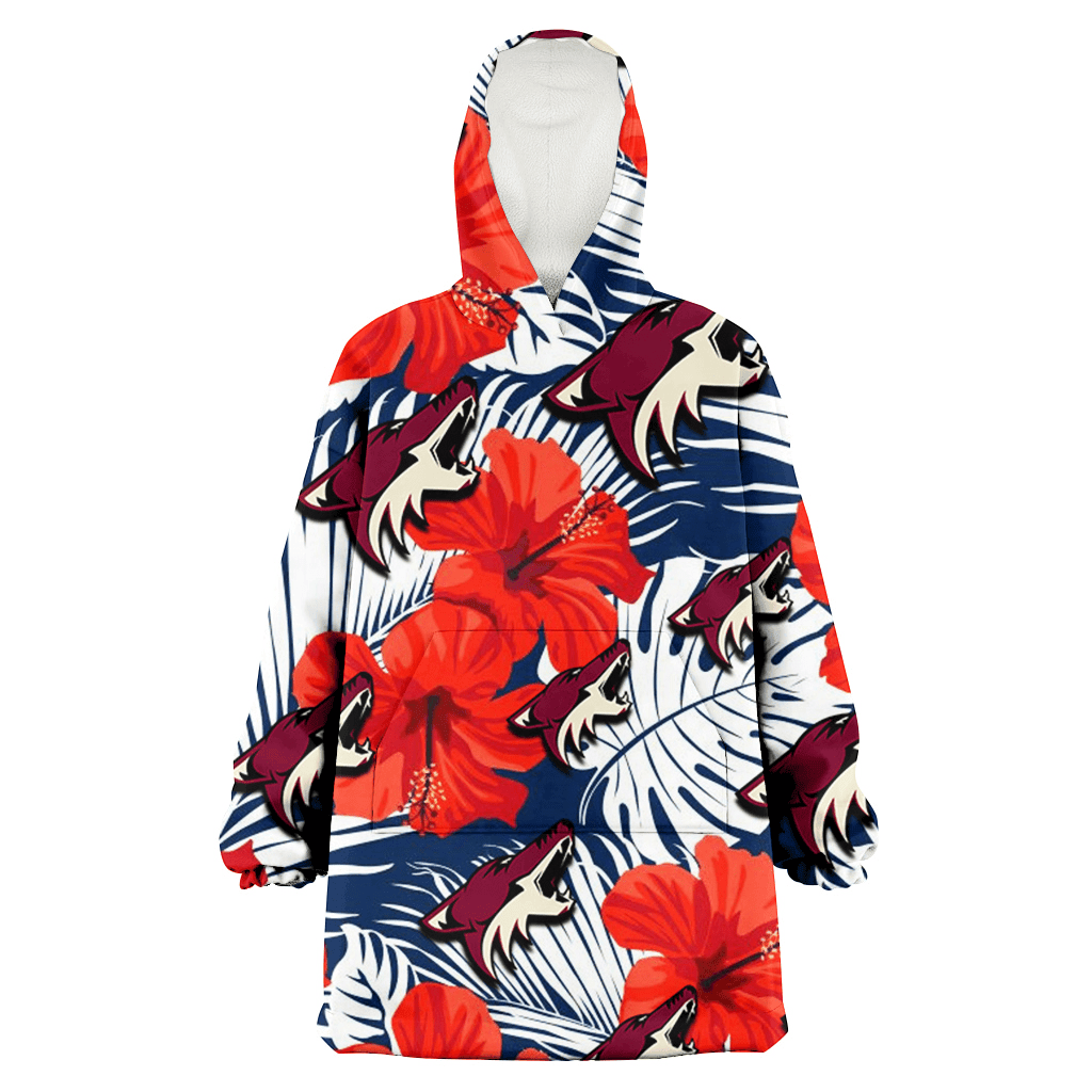 Arizona Coyotes White Tropical Leaf Red Hibiscus Navy Background 3D Printed Hoodie Blanket Snug Hoodie