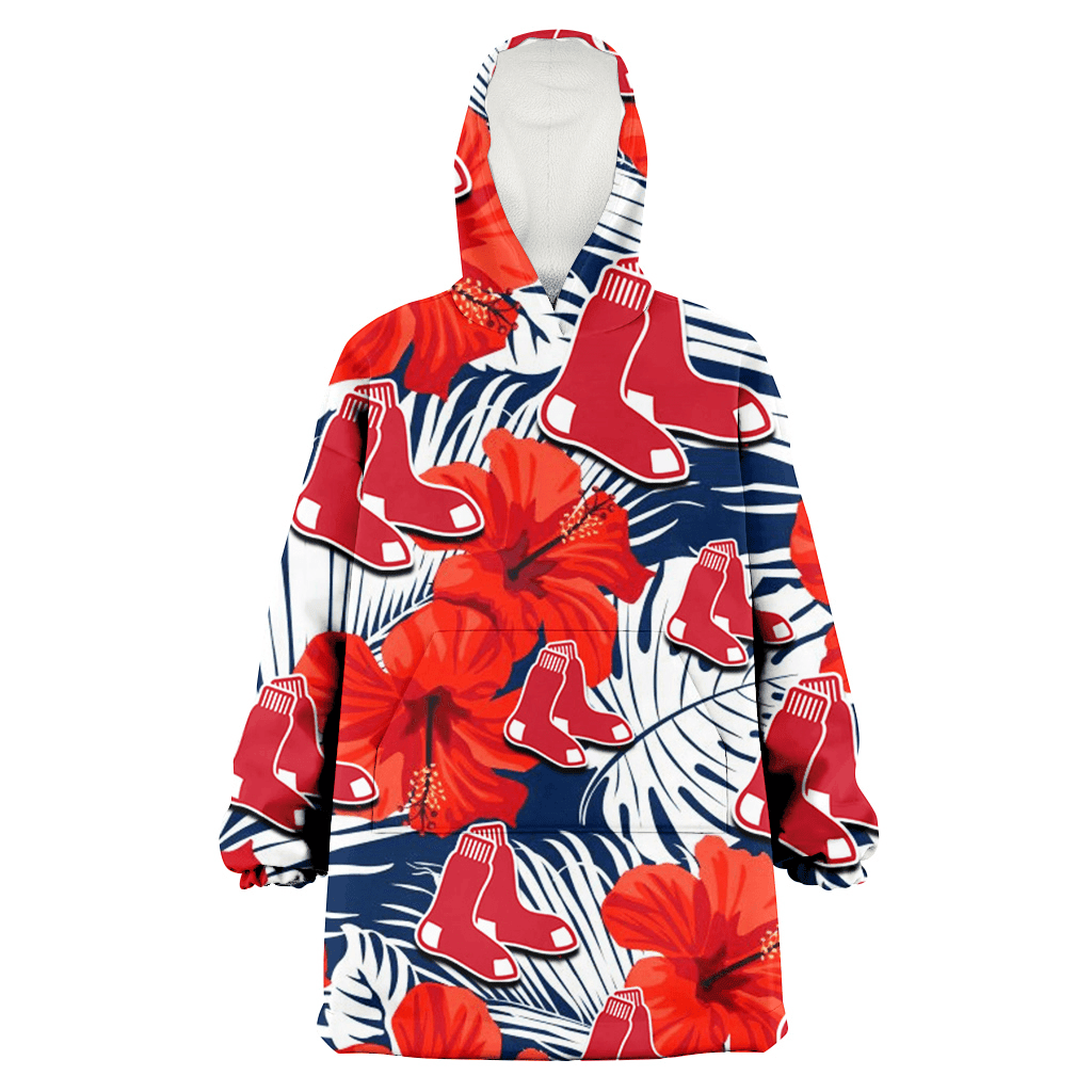Boston Red Sox White Tropical Leaf Red Hibiscus Navy Background 3D Printed Hoodie Blanket Snug Hoodie