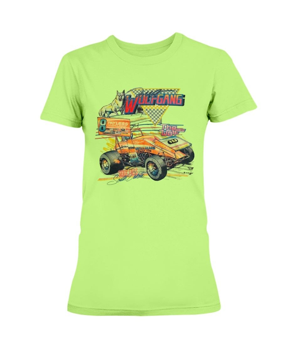 Vintage 1990 Doug Wolfgang The Wolf Neon Sprint Car Ladies Missy T Shirt 070321