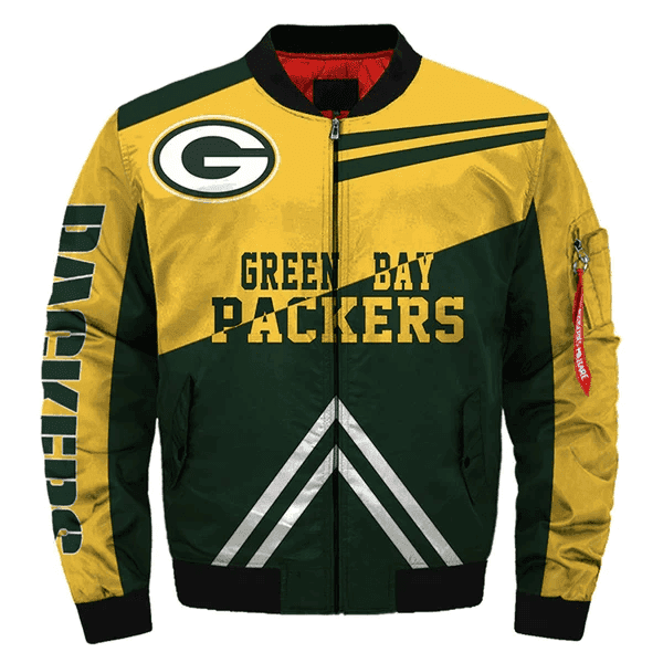 Green Bay Packers Team Logo Pattern Bomber Jacket Green And Yellow BJ627