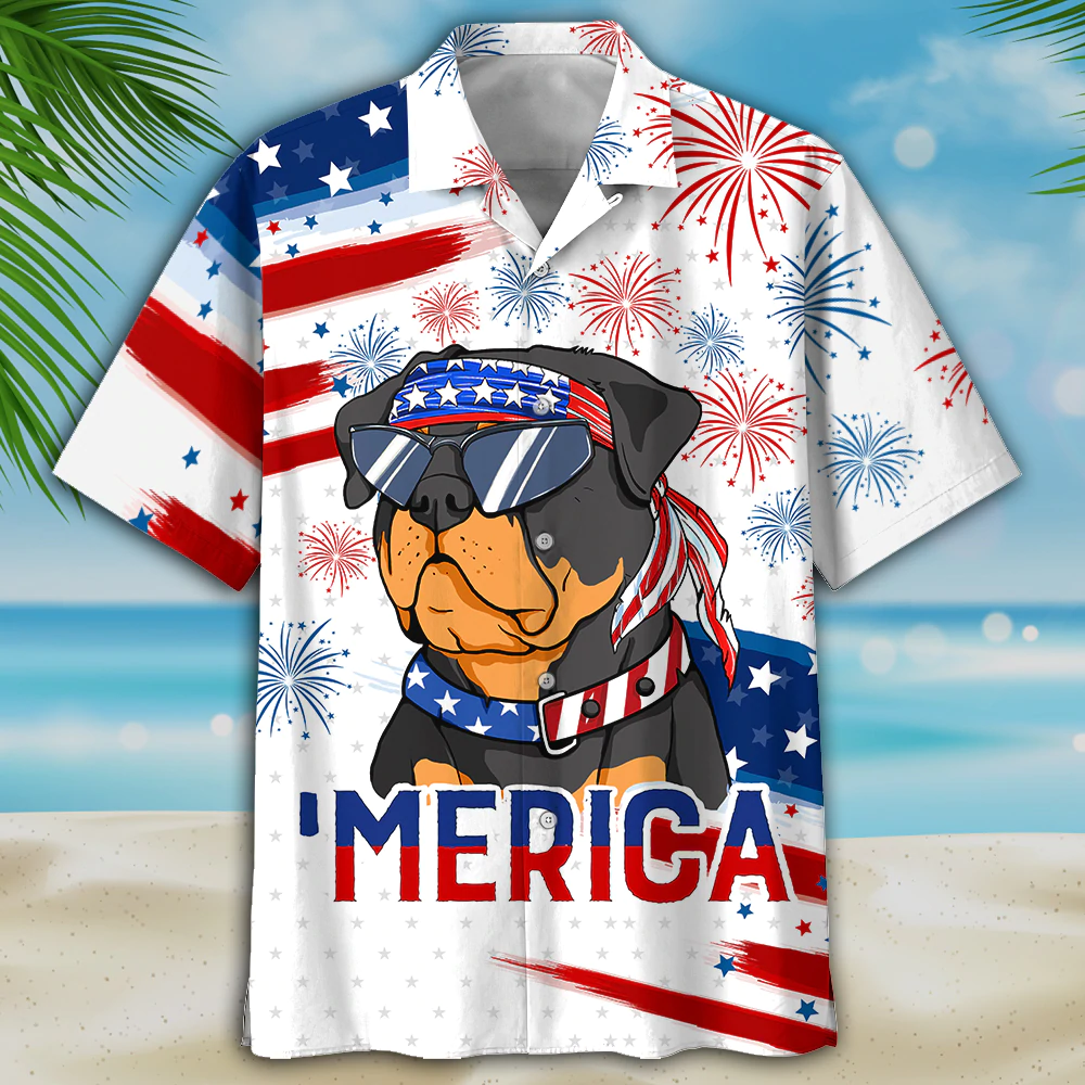 Rottweiler New Hawaiian Shirts For Independence Day, Funny Cute Dog Hawaii Beach Shirt Short Sleeve For 4Th Of July