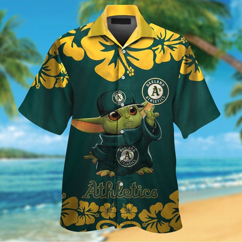 Oakland Athletics Baby Yoda Short Sleeve Button Up Tropical Hawaiian Shirt