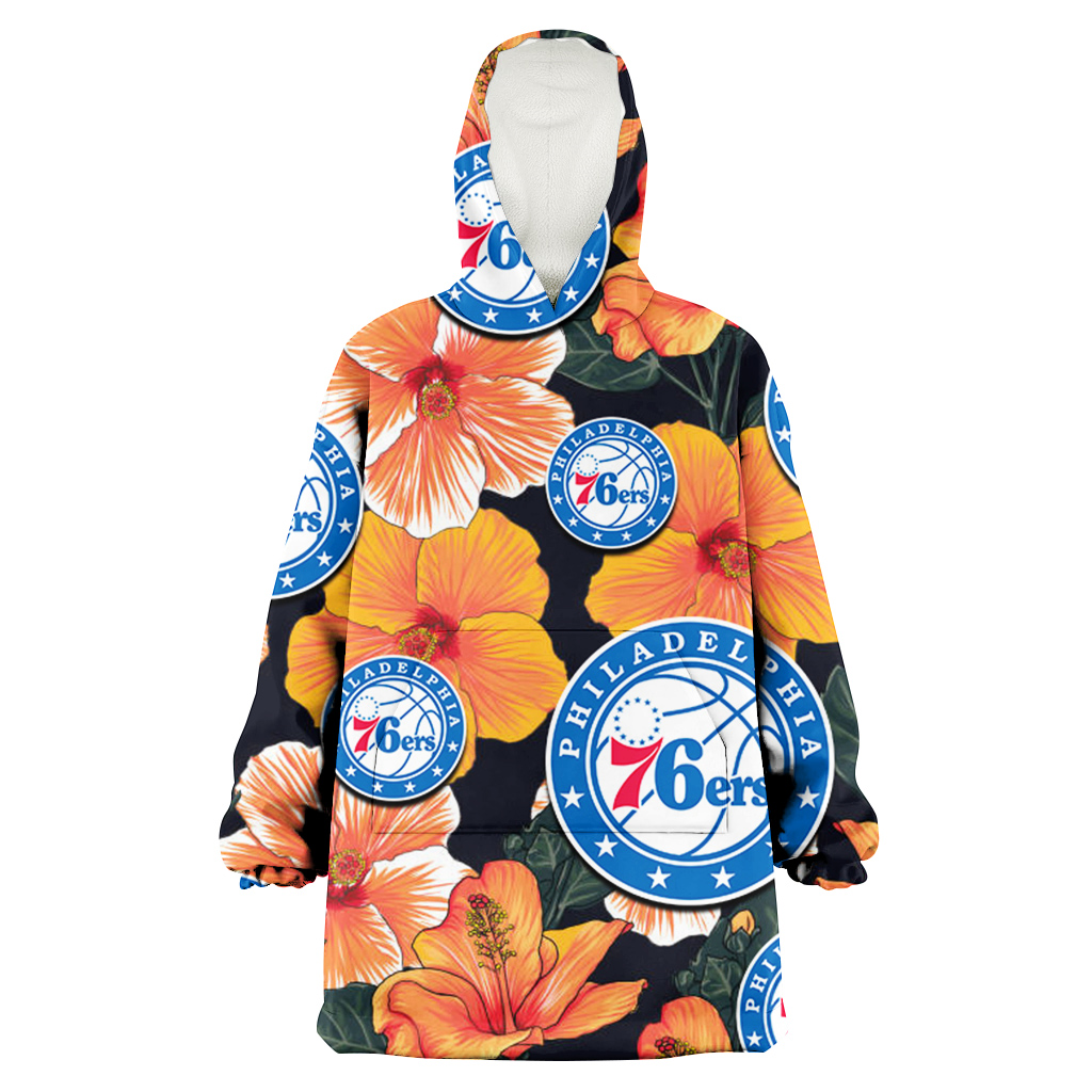 Philadelphia 76ers Orange Hibiscus Dark Green Leaf Black Background 3D Printed Hoodie Blanket Snug Hoodie