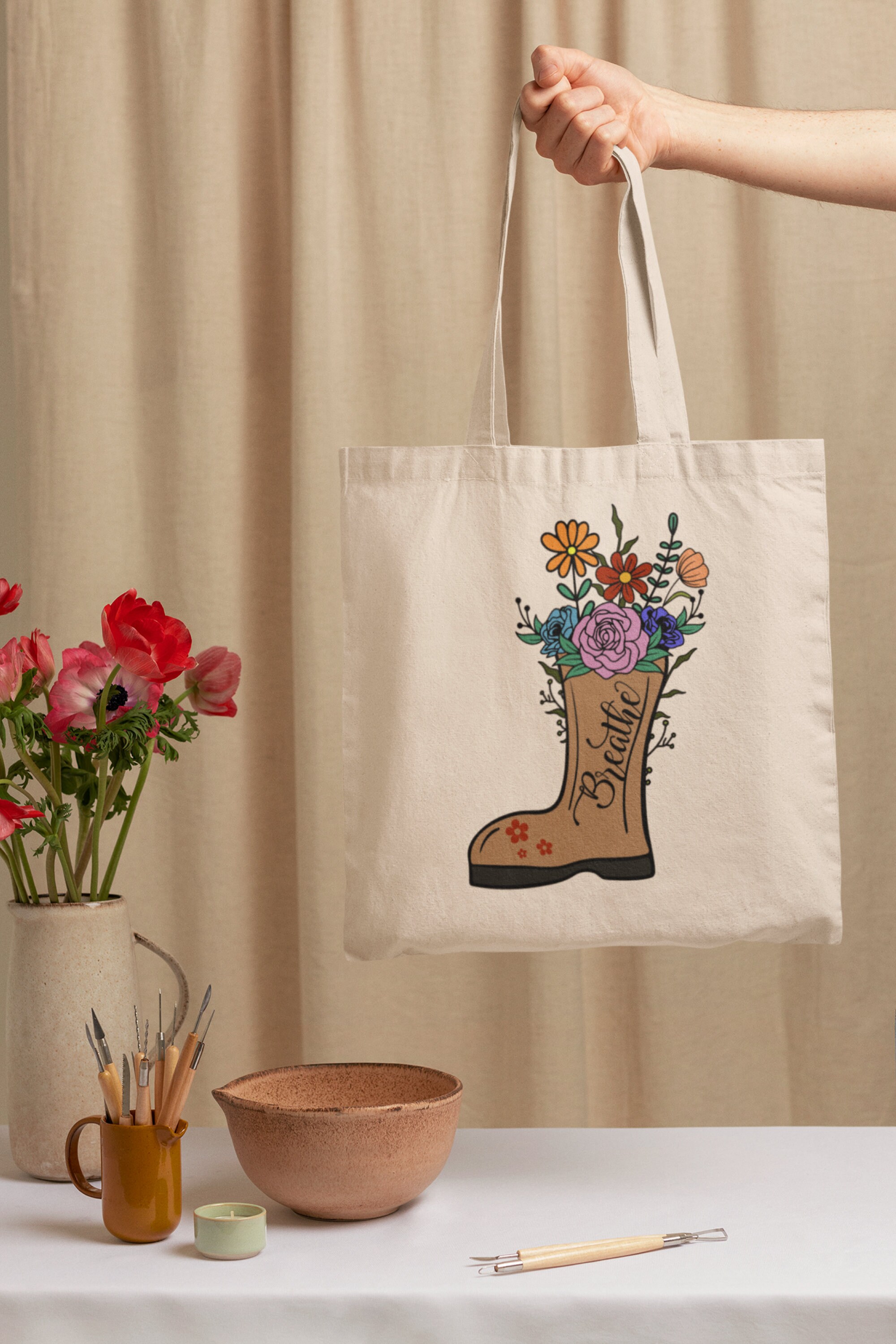 Garden boot Canvas Tote Bag | Flower Garden Boot Tote | Vintage Bag | Boho Tote Bag | Sustainable Bag | Shopping Bag | School Bag | Gift Bag