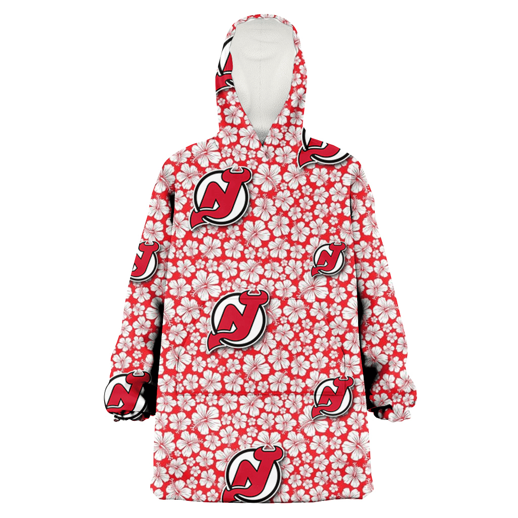 New Jersey Devils Tiny White Hibiscus Pattern Red Background 3D Printed Hoodie Blanket Snug Hoodie