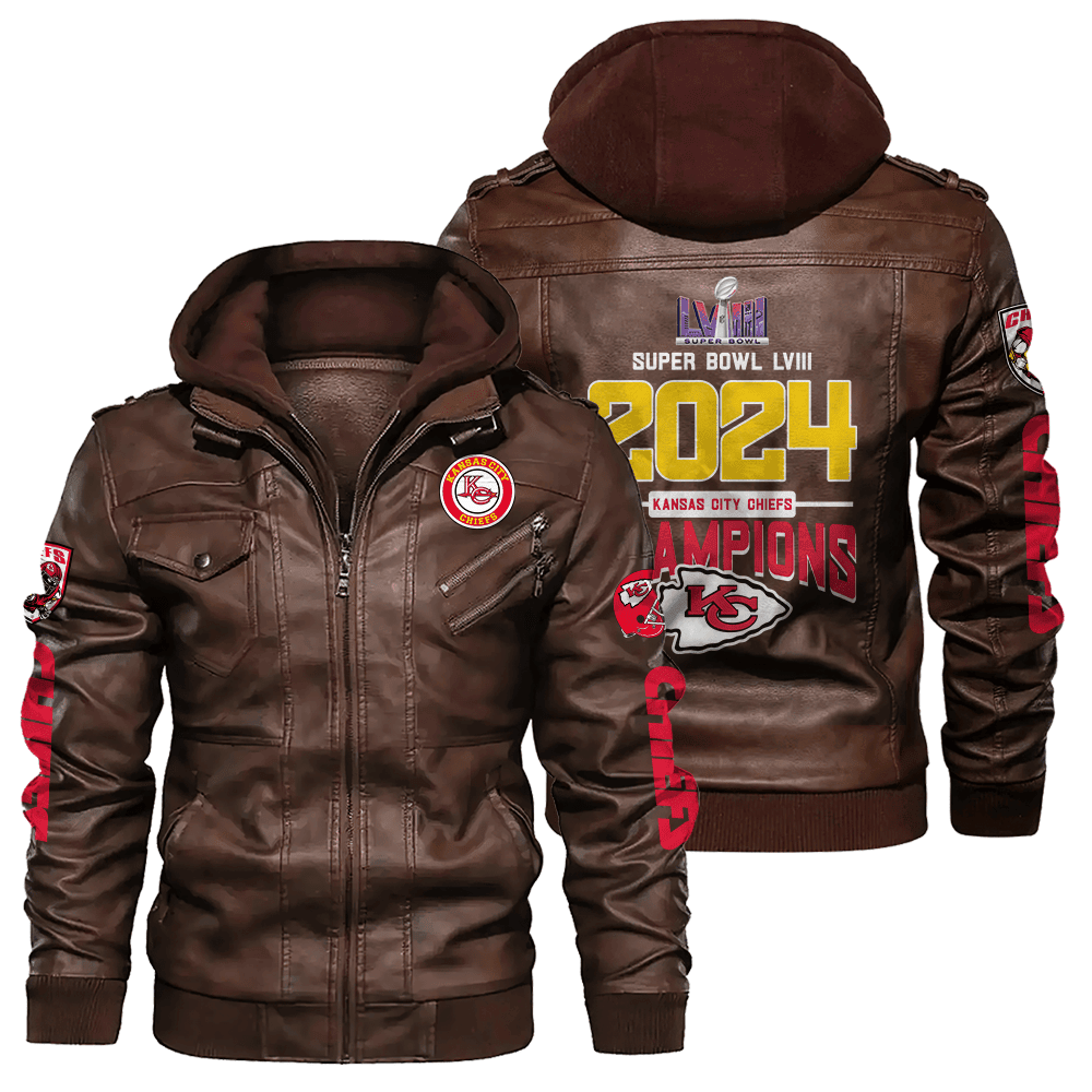 Kansas City Chiefs NFL Division Super Bowl LVIII 2024 Champions Zip Brown Leather Jacket With Hood