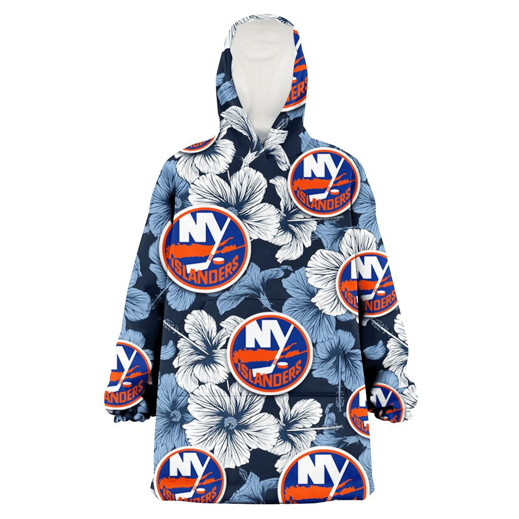 New York Islanders White And Blue Hibiscus Dark Blue Background 3D Printed Hoodie Blanket Snug Hoodie