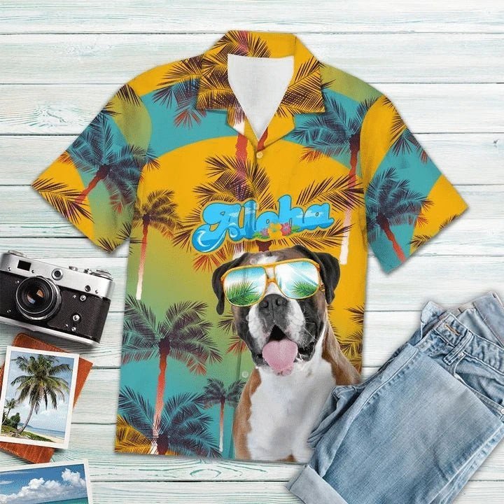 Boxer Aloha Summer Vacation Blue And Yellow Hawaiian Shirt, Short Sleeve Hawaiian Aloha Shirt For Men And Women