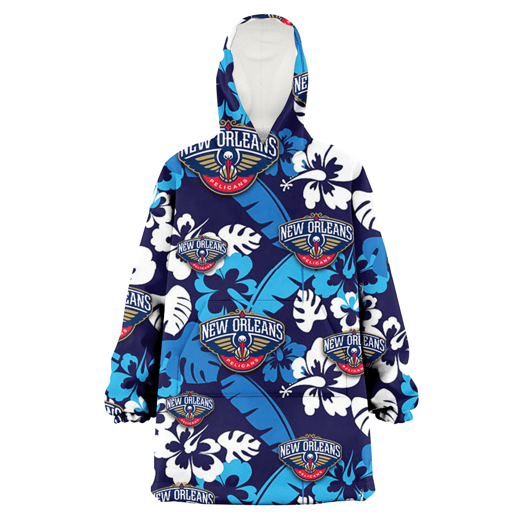 New Orlean Pelicans Light Blue Hibiscus Banana Leaf Navy Background 3D Printed Hoodie Blanket Snug Hoodie