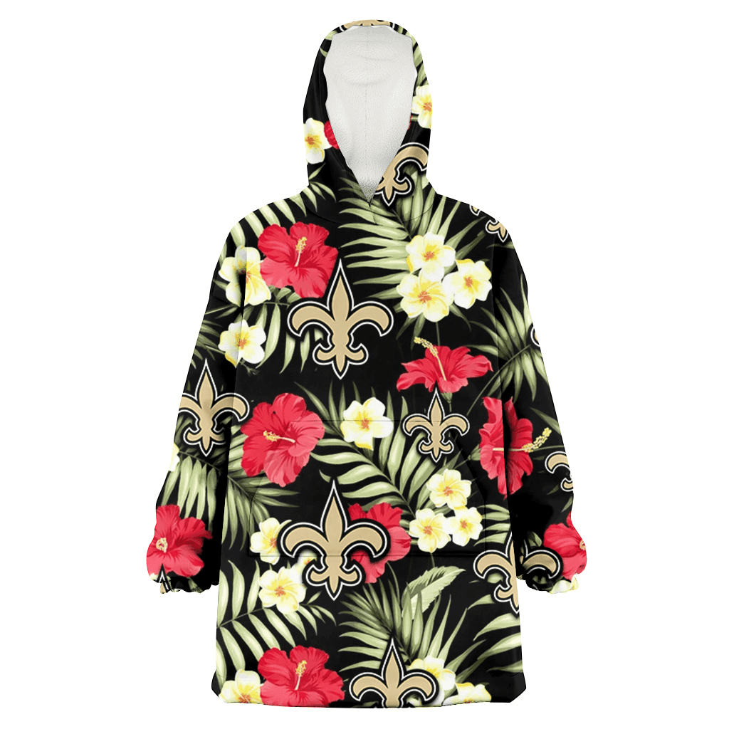 New Orleans Saints Red Hibiscus Yellow Porcelain Flower Black Background 3D Printed Hoodie Blanket Snug Hoodie