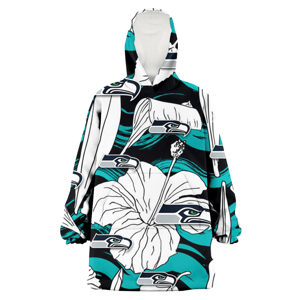 Seattle Seahawks White Hibiscus Turquoise Wave Black Background 3D Printed Hoodie Blanket Snug Hoodie