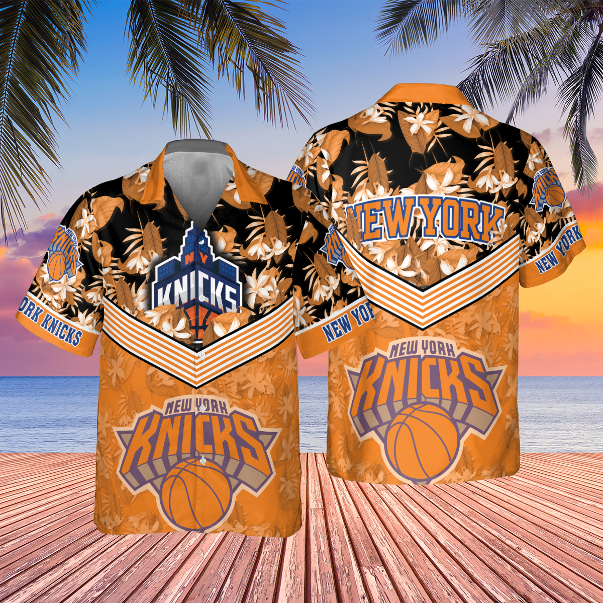 New York Knicks Orange Hibiscus Flower Print Hawaiian Shirt