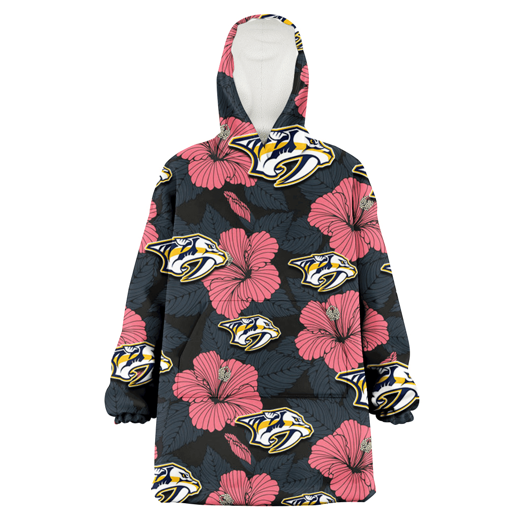 Nashville Predators Light Coral Hibiscus Gray Leaf Black Background 3D Printed Hoodie Blanket Snug Hoodie