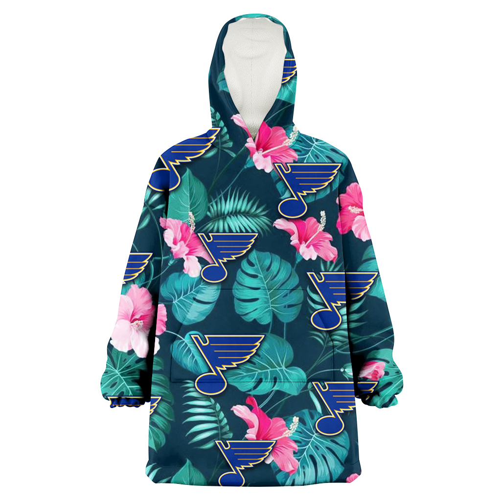 St. Louis Blues Pink Hibiscus Green Leaves Dark Background 3D Printed Hoodie Blanket Snug Hoodie