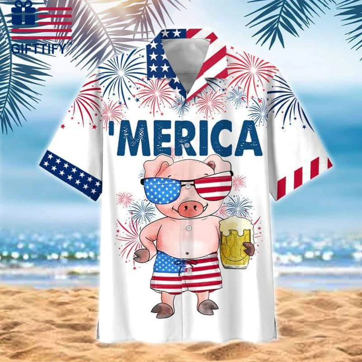 Pig Beer Hawaiian Shirt, 4Th Of July Hawaiian Shirt, Pig American Flag Hawaiian Shirts For Men, Women