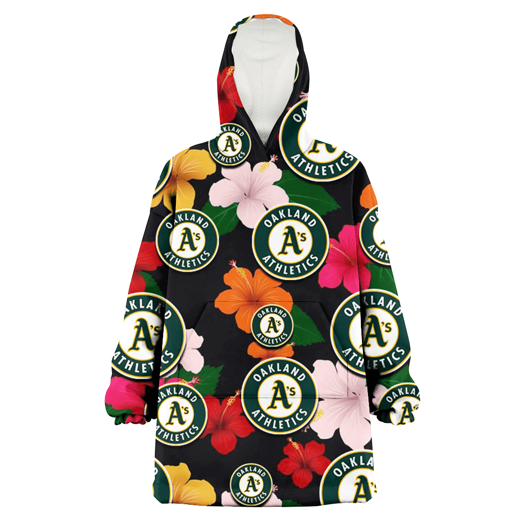 Oakland Athletics Pink Orange Yellow White Hibiscus Black Background 3D Printed Hoodie Blanket Snug Hoodie