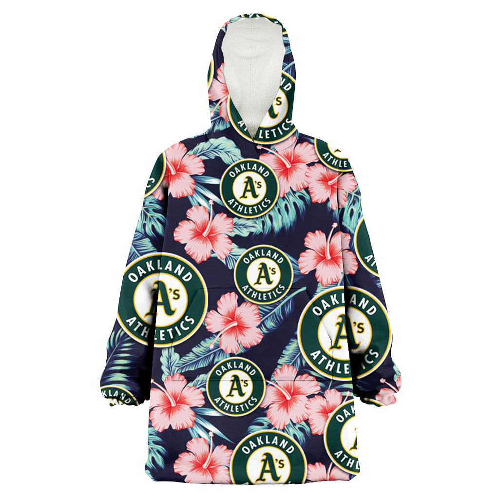 Oakland Athletics Coral Hibiscus Green Banana Leaf Black Background 3D Printed Hoodie Blanket Snug Hoodie