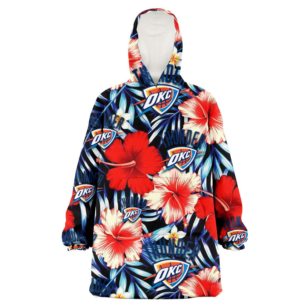 Oklahoma City Thunder Coral Red Hibiscus Blue Palm Leaf Black Background 3D Printed Hoodie Blanket Snug Hoodie