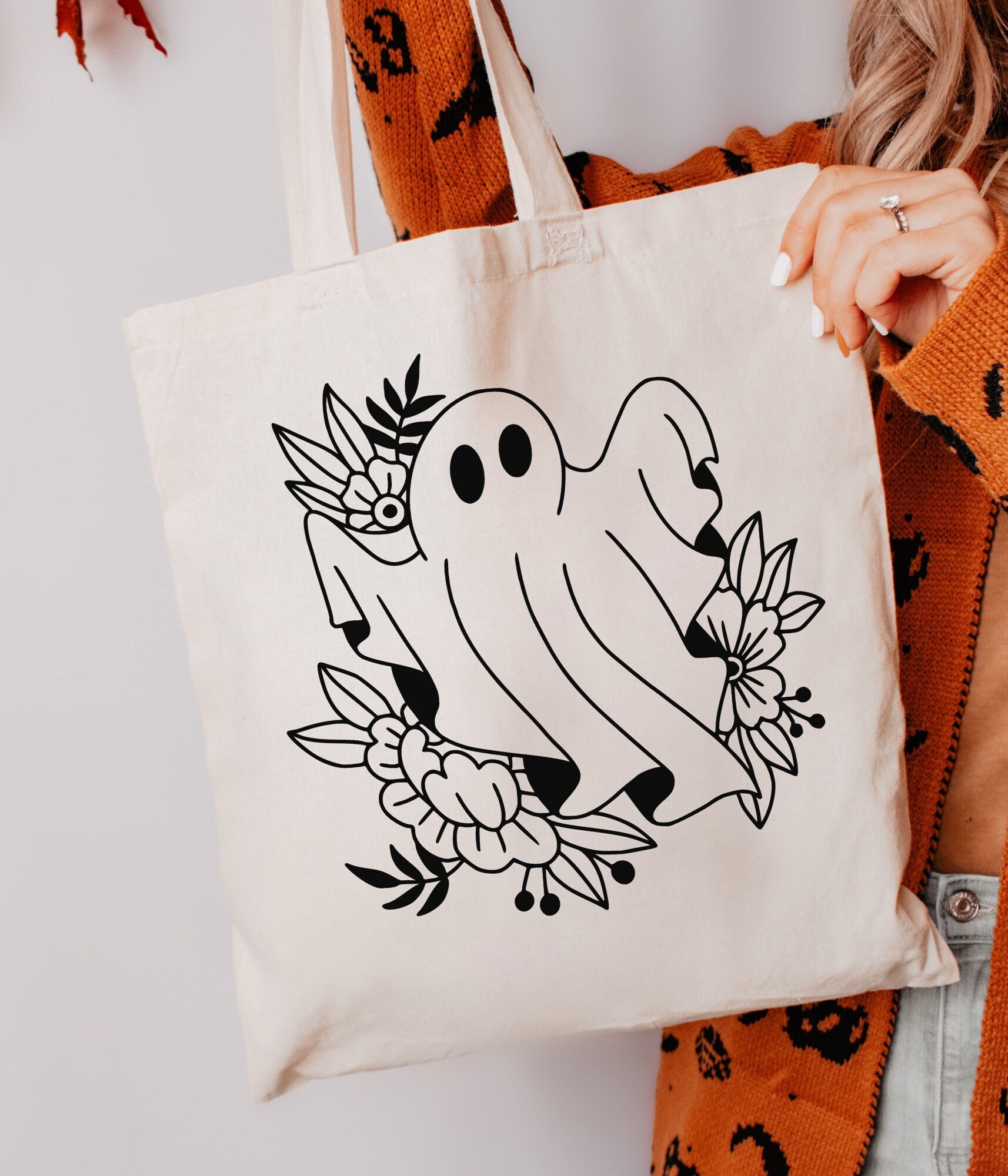 Floral Ghost Tote Bag, Ghost Canvas Tote, Halloween Tote Bag, Ghost Flower Tote Bag, Fall Tote Bag, Spooky Season Bag, Trick or Treat Bag