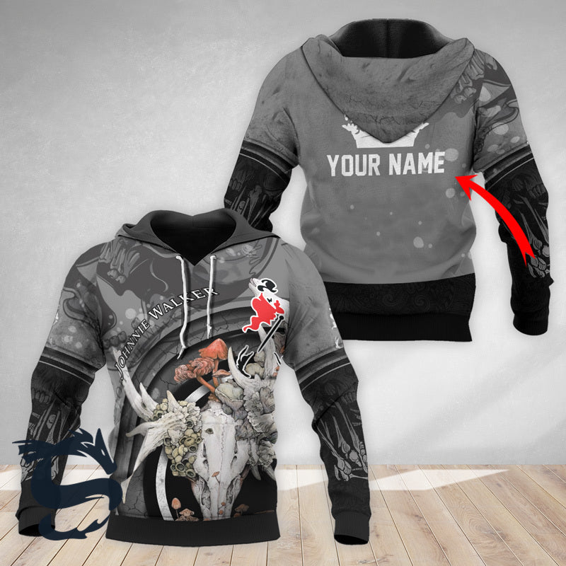 Personalized Johnnie Walker Deer Skull With Mushrooms Hoodie & Zip Hoodie