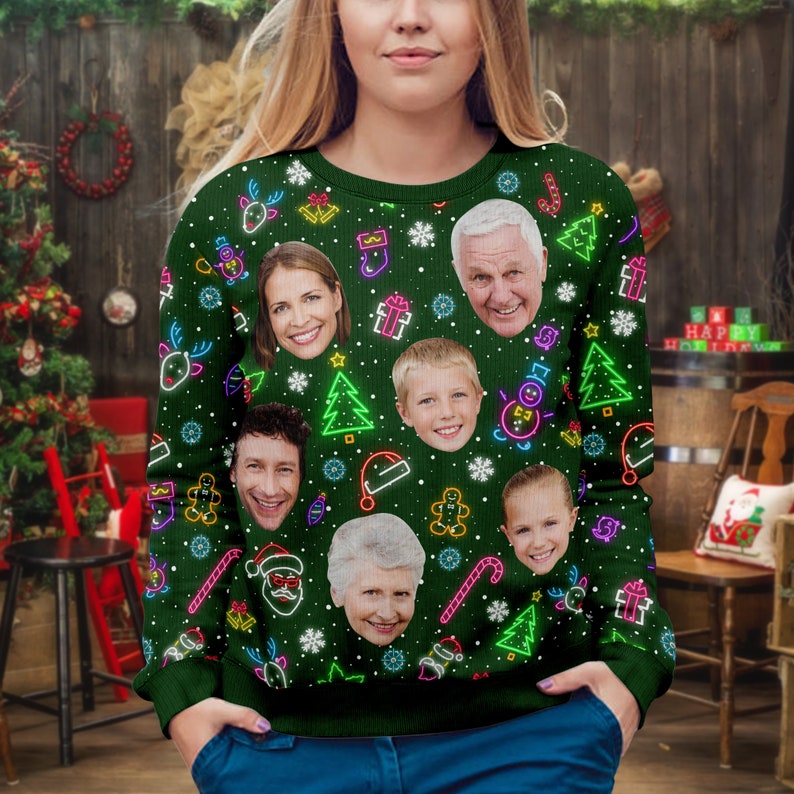 Snorider Xmas 2024 Custom Face Xmas Leds, Personalized Family Photo Ugly Sweater, Novelty Party Ugly Sweater, Christmas Gifts, Year End Party Ugly Sweater