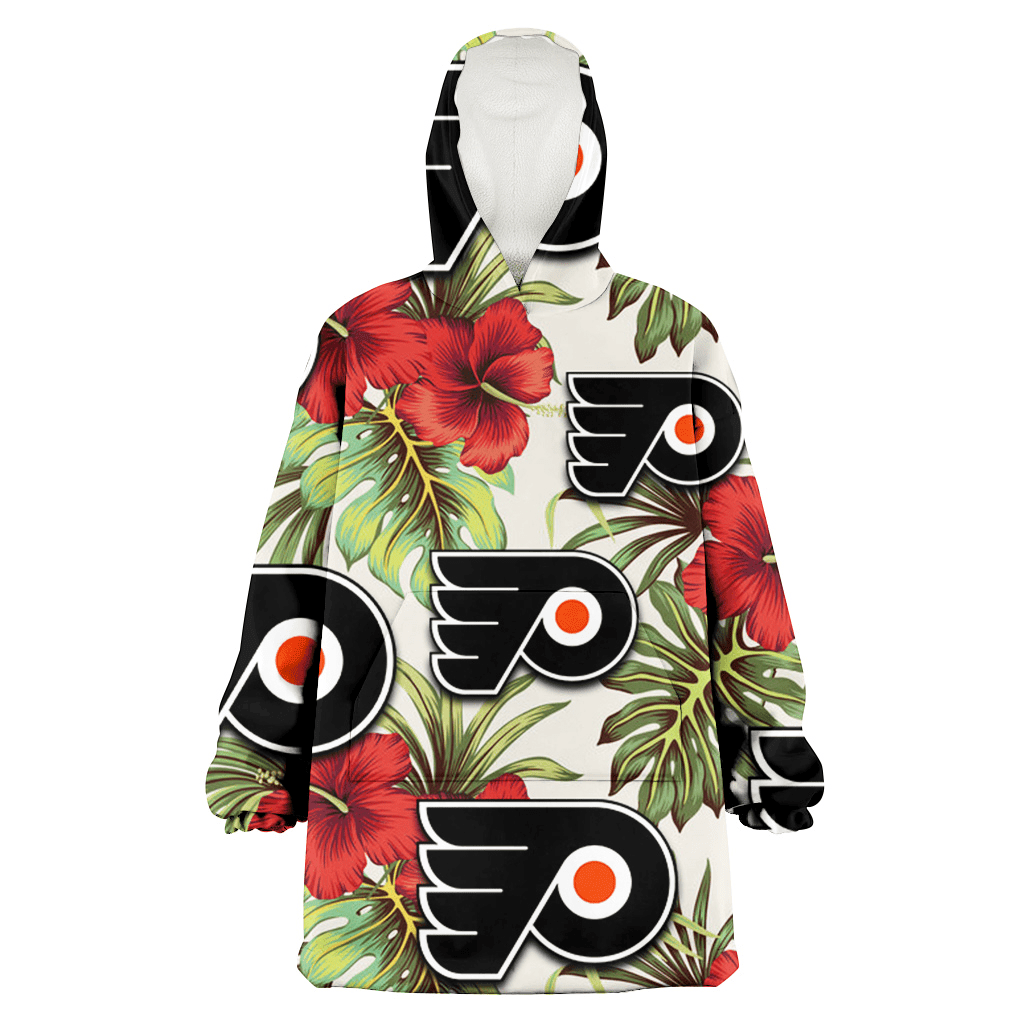 Philadelphia Flyers Red Hibiscus Green Tropical Leaf Cream Background 3D Printed Hoodie Blanket Snug Hoodie