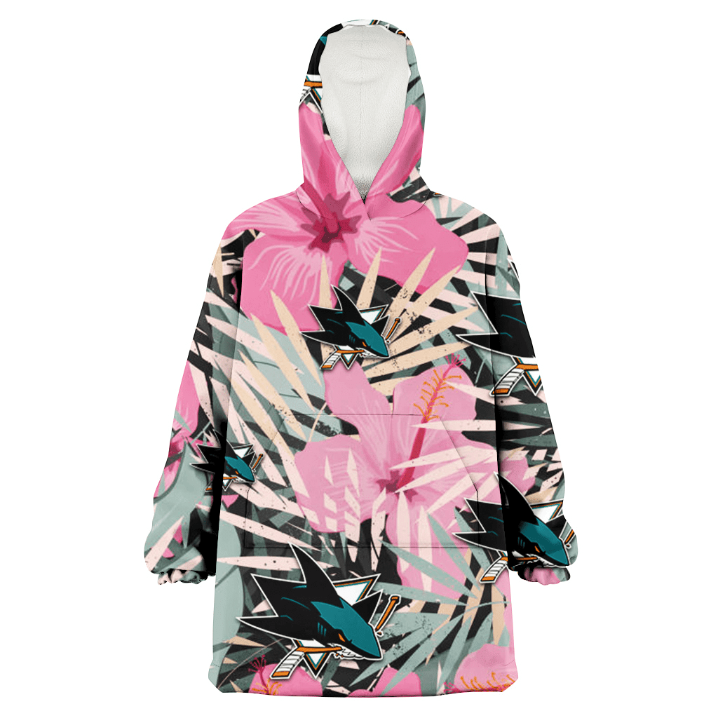 San Jose Sharks Light Pink Hibiscus Pale Green Leaf Black Background 3D Printed Hoodie Blanket Snug Hoodie