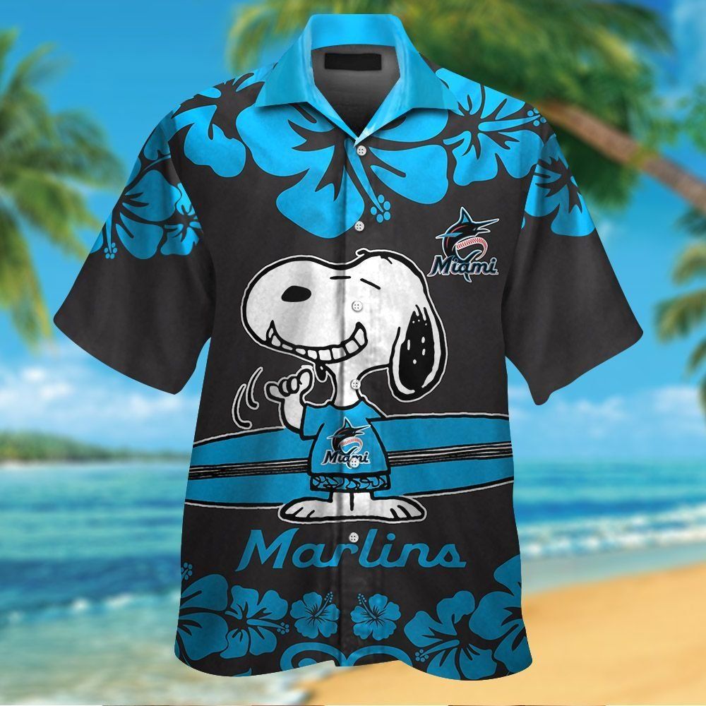 Miami Marlins Snoopy Short Sleeve Button Up Tropical Hawaiian Shirt