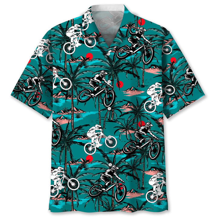 Mountain Bike Vintage Hawaiian Shirt, Short Sleeve Summer Vacation Beach Shirts For Men