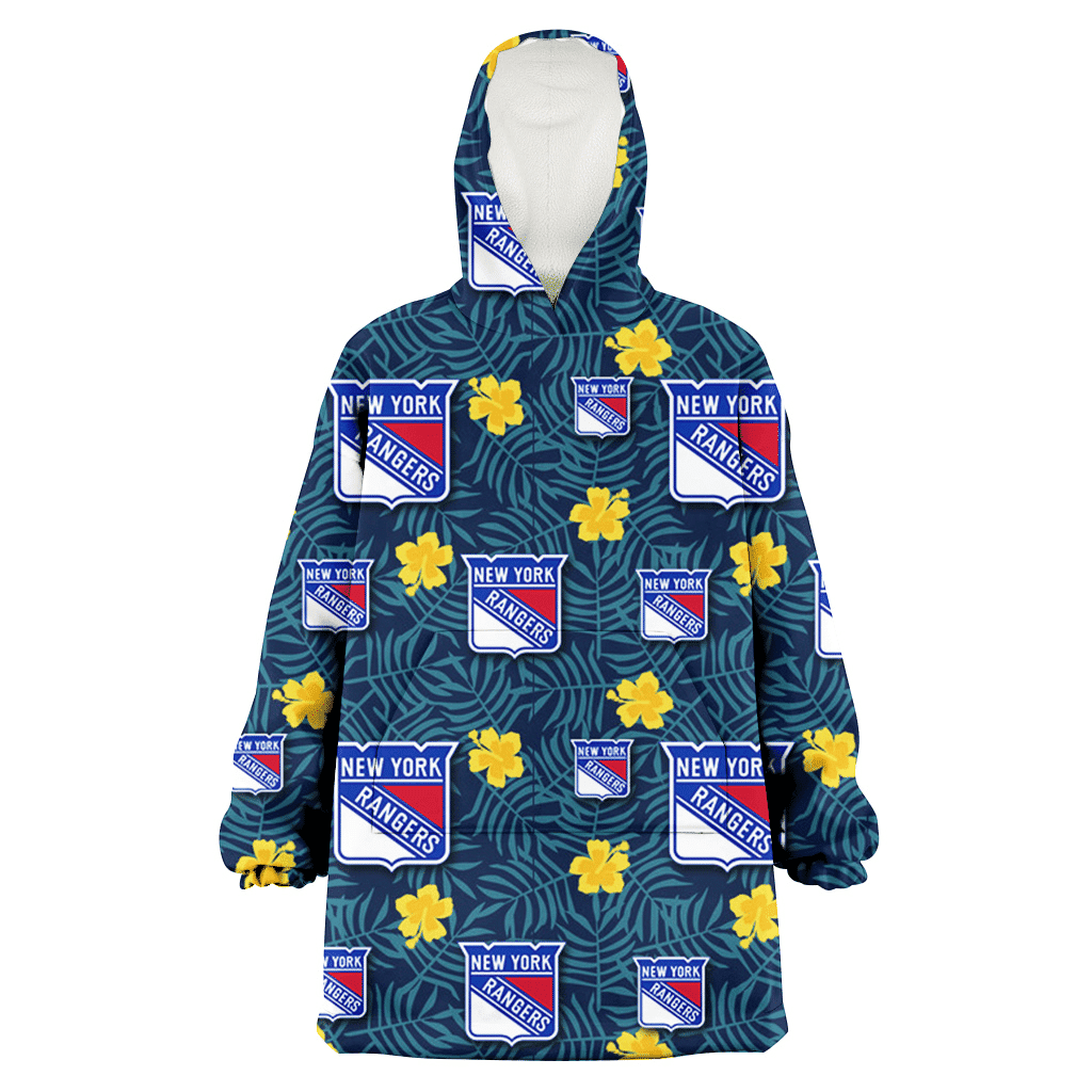 New York Rangers Yellow Hibiscus Cadet Blue Leaf Navy Background 3D Printed Hoodie Blanket Snug Hoodie