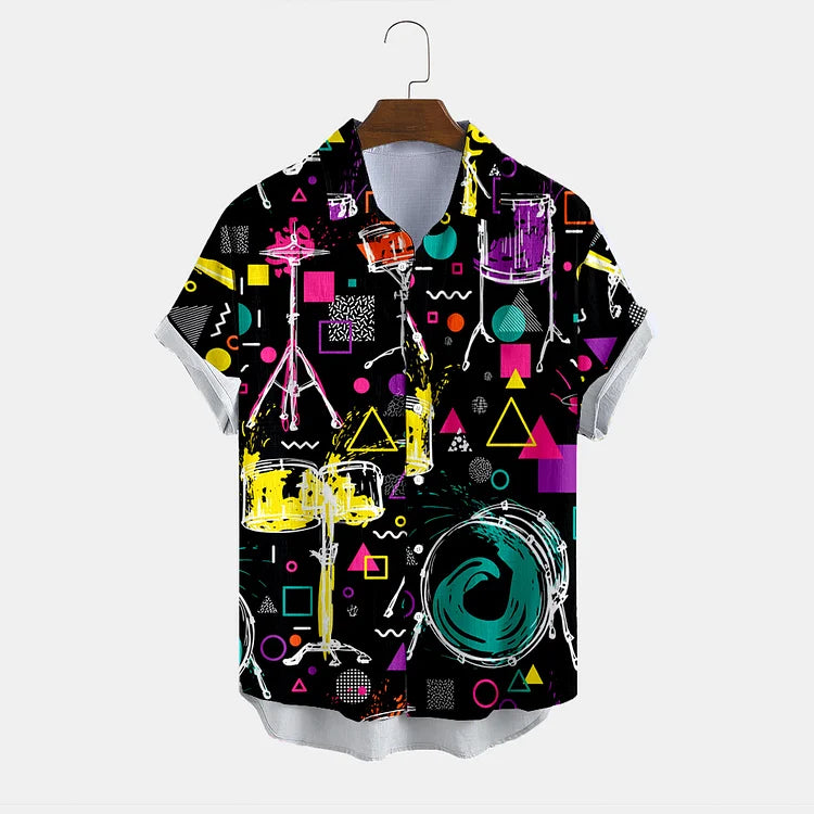 Black Fashion Music Drum Print Shirt, Hawaiian Shirt For Men