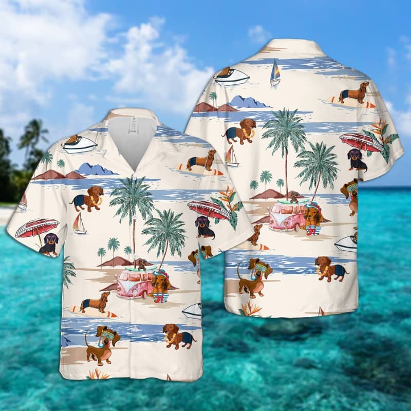 Dachshund Summer Beach Hawaiian Shirt, Dog Beach Short Sleeve Hawaiian Shirt