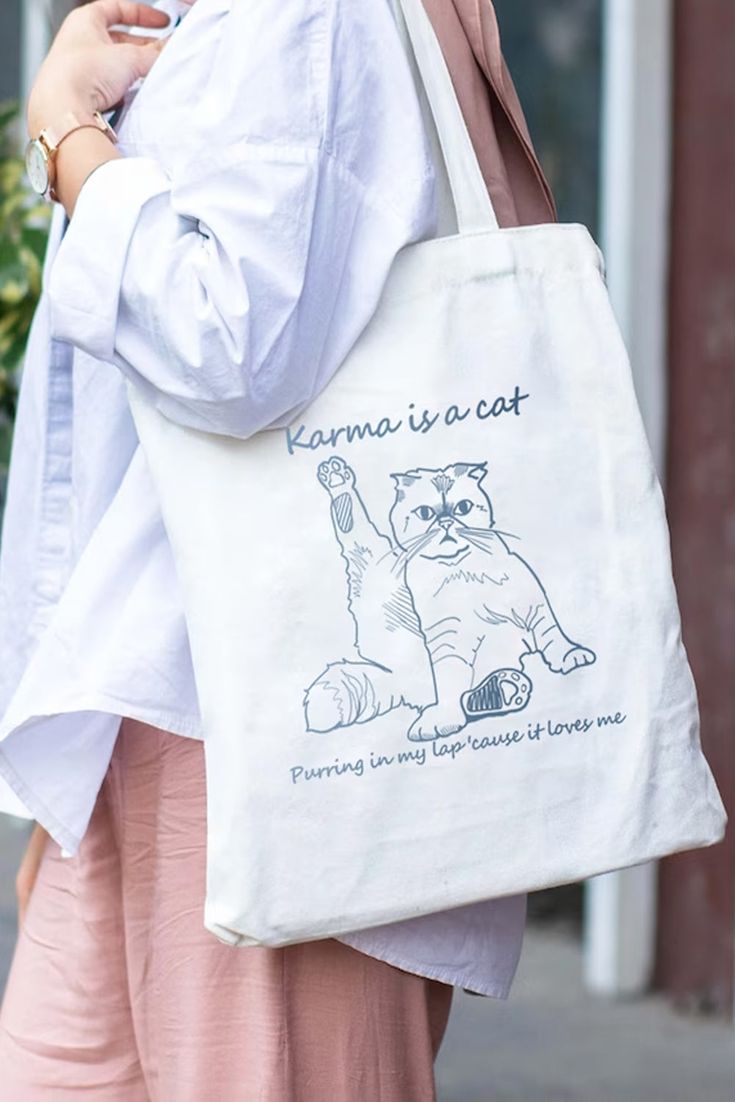 Karma Is A Cat Tote Bag  White / 30*40 CM, Best Tote Bags Ideas, Cute Tote Bags Ideas, Tote Bag Design Ideas, Girls Tote Bag, Best Canvas Tote Bags Ideas