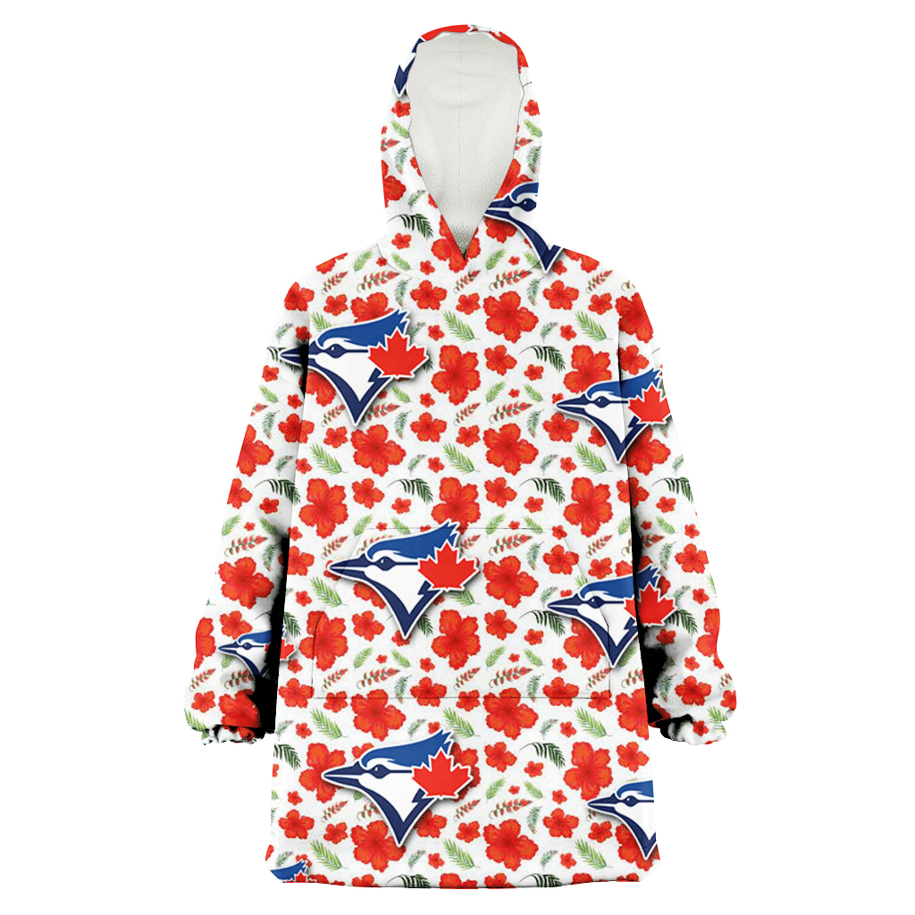 Toronto Blue Jays Tiny Red Hibiscus Green Leaf White Cube Background 3D Printed Hoodie Blanket Snug Hoodie