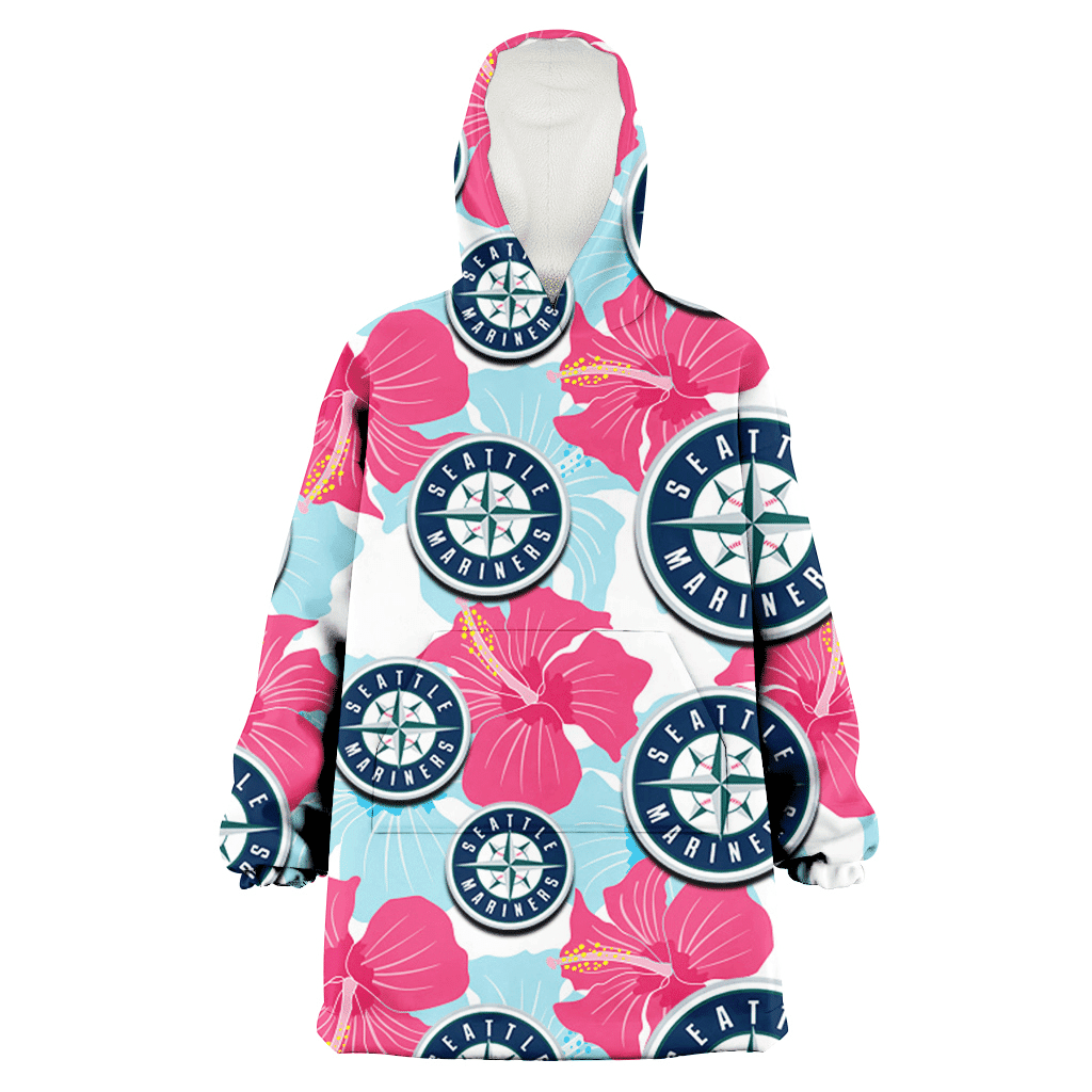 Seattle Mariners Pink Blue Hibiscus White Background 3D Printed Hoodie Blanket Snug Hoodie