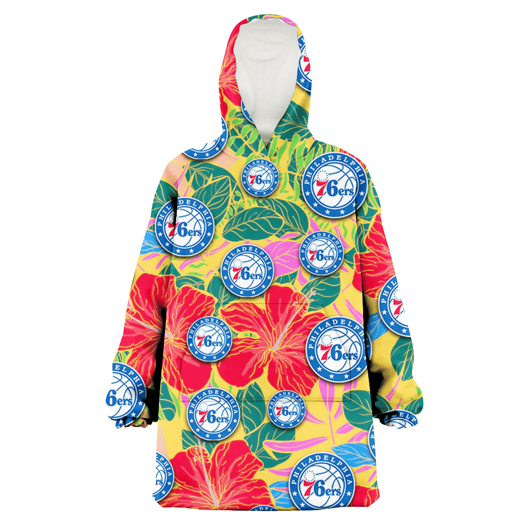 Philadelphia 76ers Red Hibiscus Green Blue Leaf Yellow Background 3D Printed Hoodie Blanket Snug Hoodie