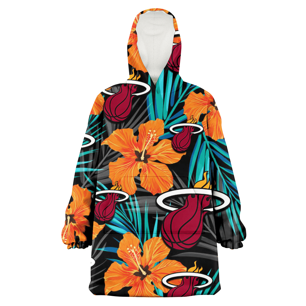 Miami Heat Orange Hibiscus Blue Gray Leaf Black Background 3D Printed Hoodie Blanket Snug Hoodie