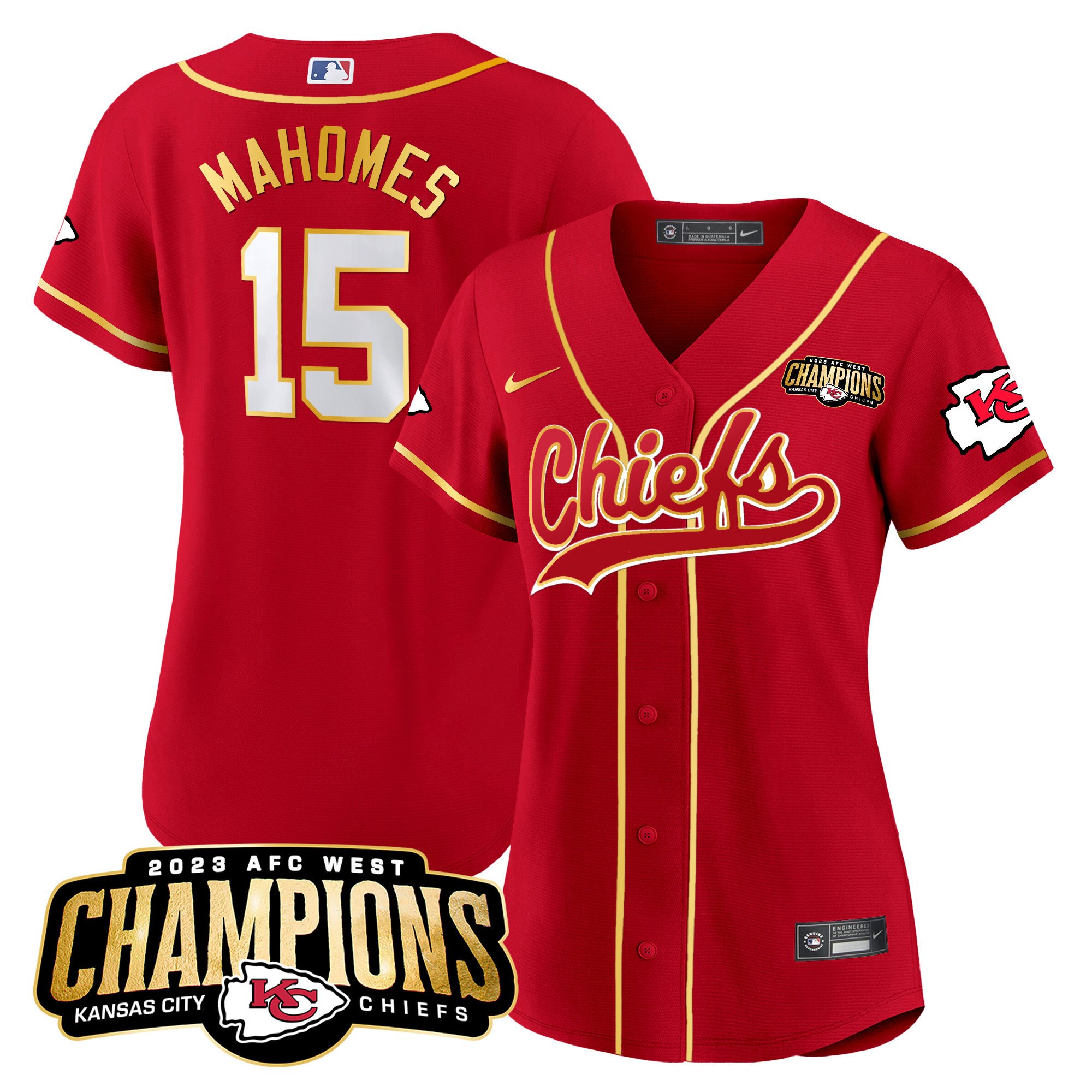 Women’S Chiefs 2023 Afc West Champions Patch Baseball Jersey – All Stitched