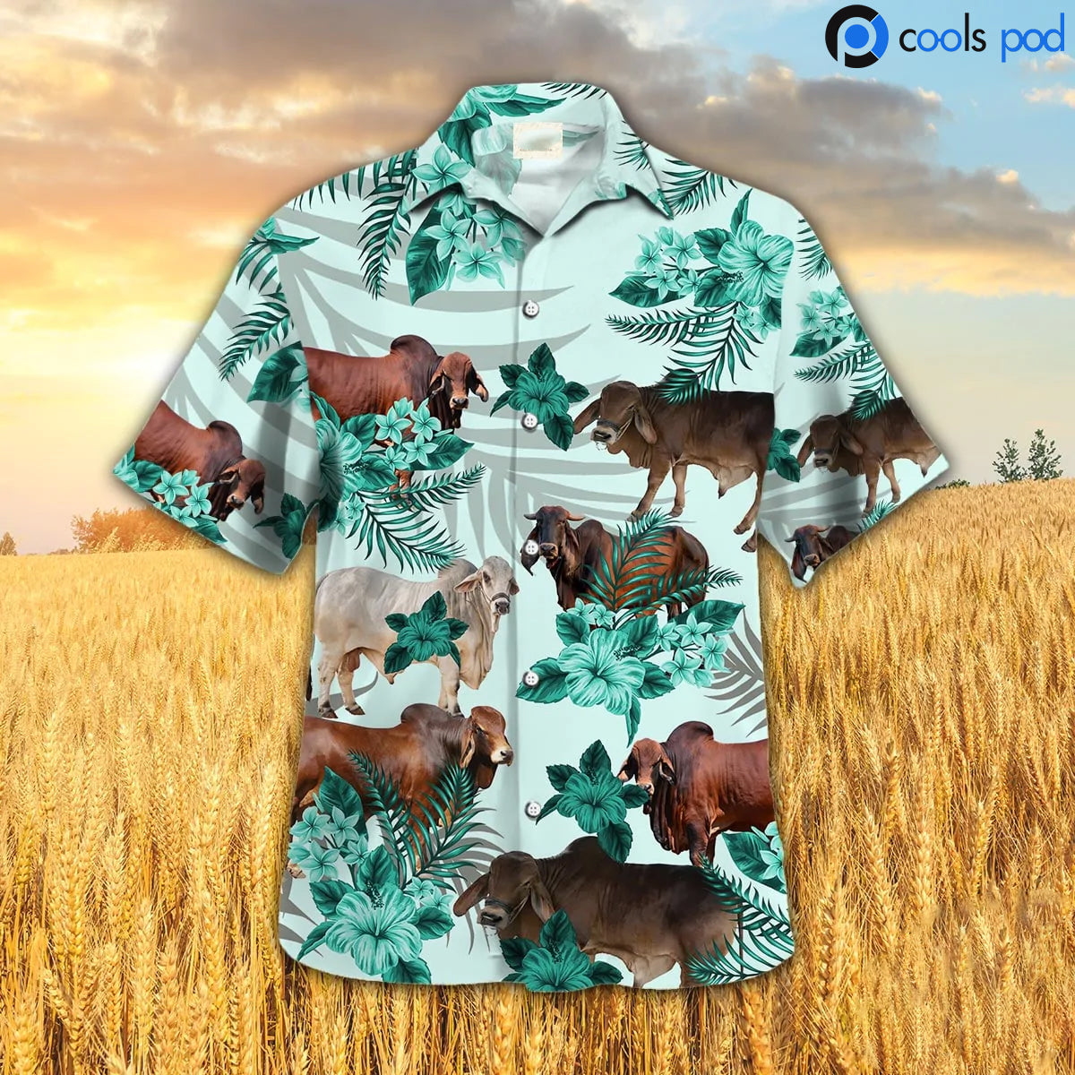 Brahman Hibiscus Hawaiian Shirt, Green Cow Hawaii Aloha Shirt, Farm Hawaiian Shirt For Men Women