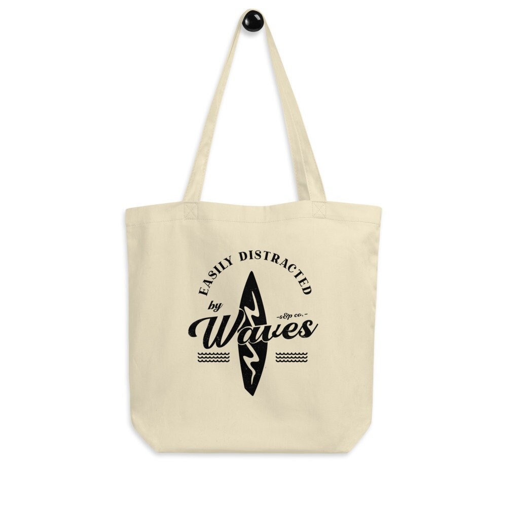 Easily Distracted By Waves Eco Tote Bag – Beach Canvas Tote Bag, Surfing Tote Bag, Ocean Reusable Bag, Surfing Lover Bag, Beach Lover Gift