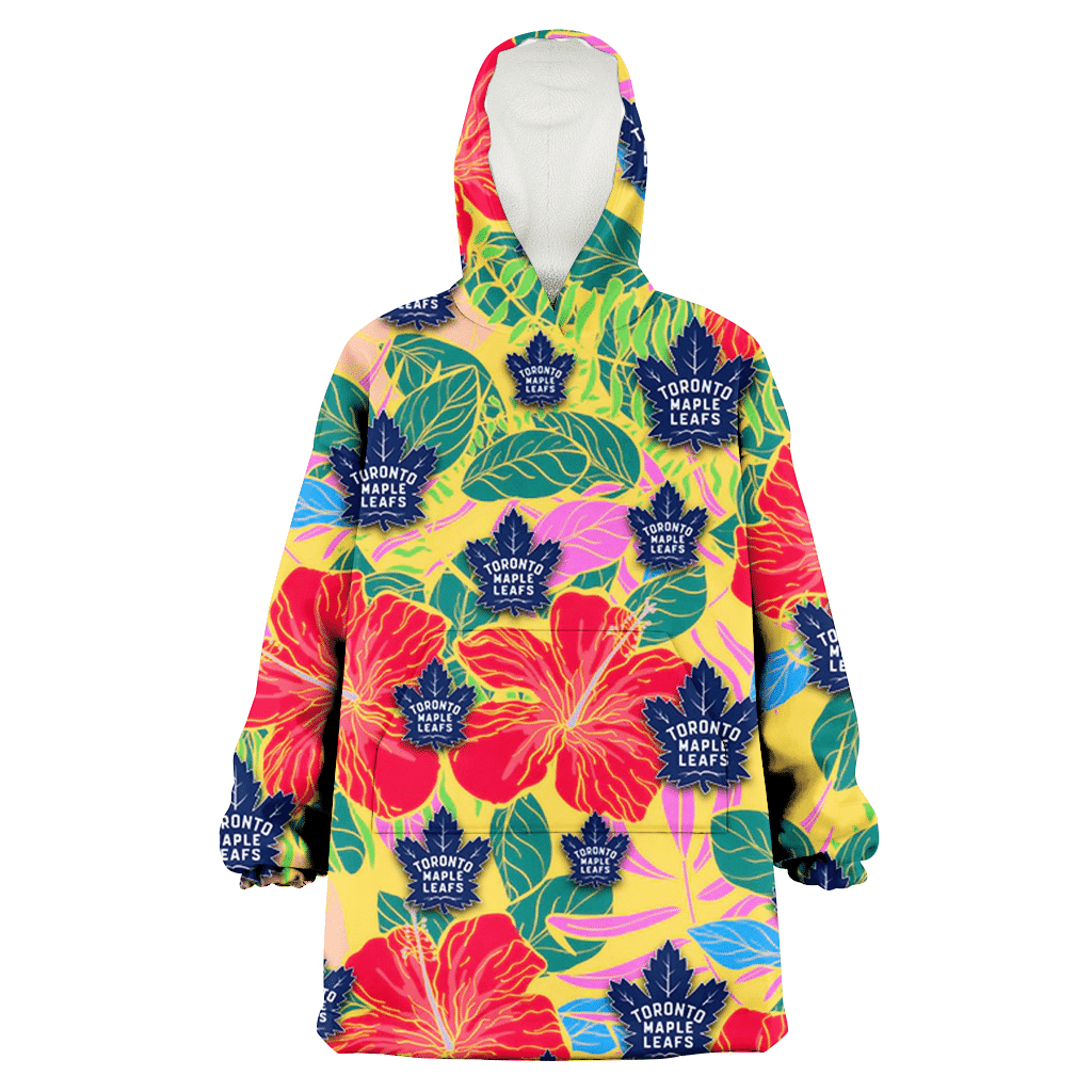 Toronto Maple Leafs Red Hibiscus Green Blue Leaf Yellow Background 3D Printed Hoodie Blanket Snug Hoodie