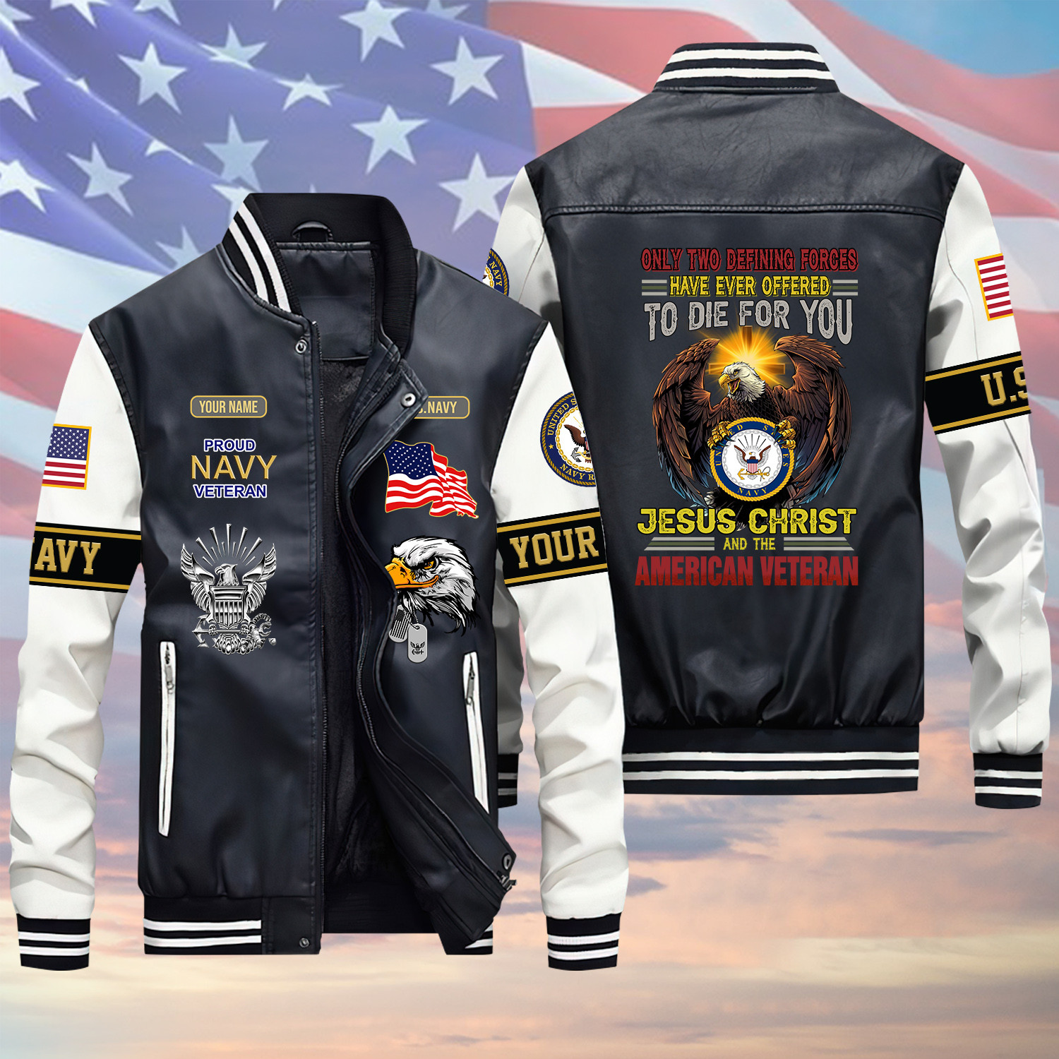 Only Two Defining Forces U.S Navy Veteran Green Winter Gear Leather Bomber Leterman Varsity Jacket