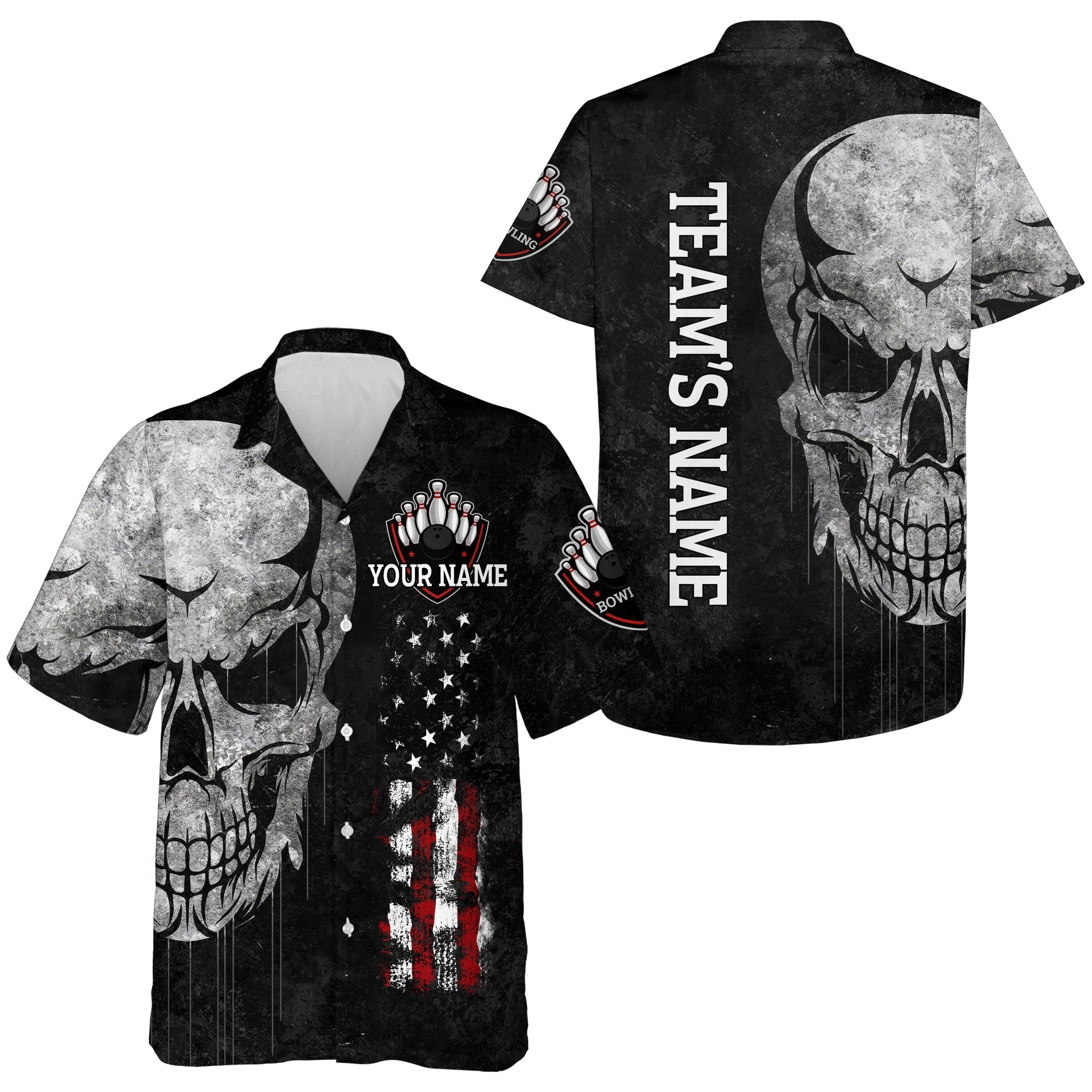 Men Women Skull Hawaiian Bowling Shirt, Patriotic Custom Name Black Bowlers Jersey American Flag