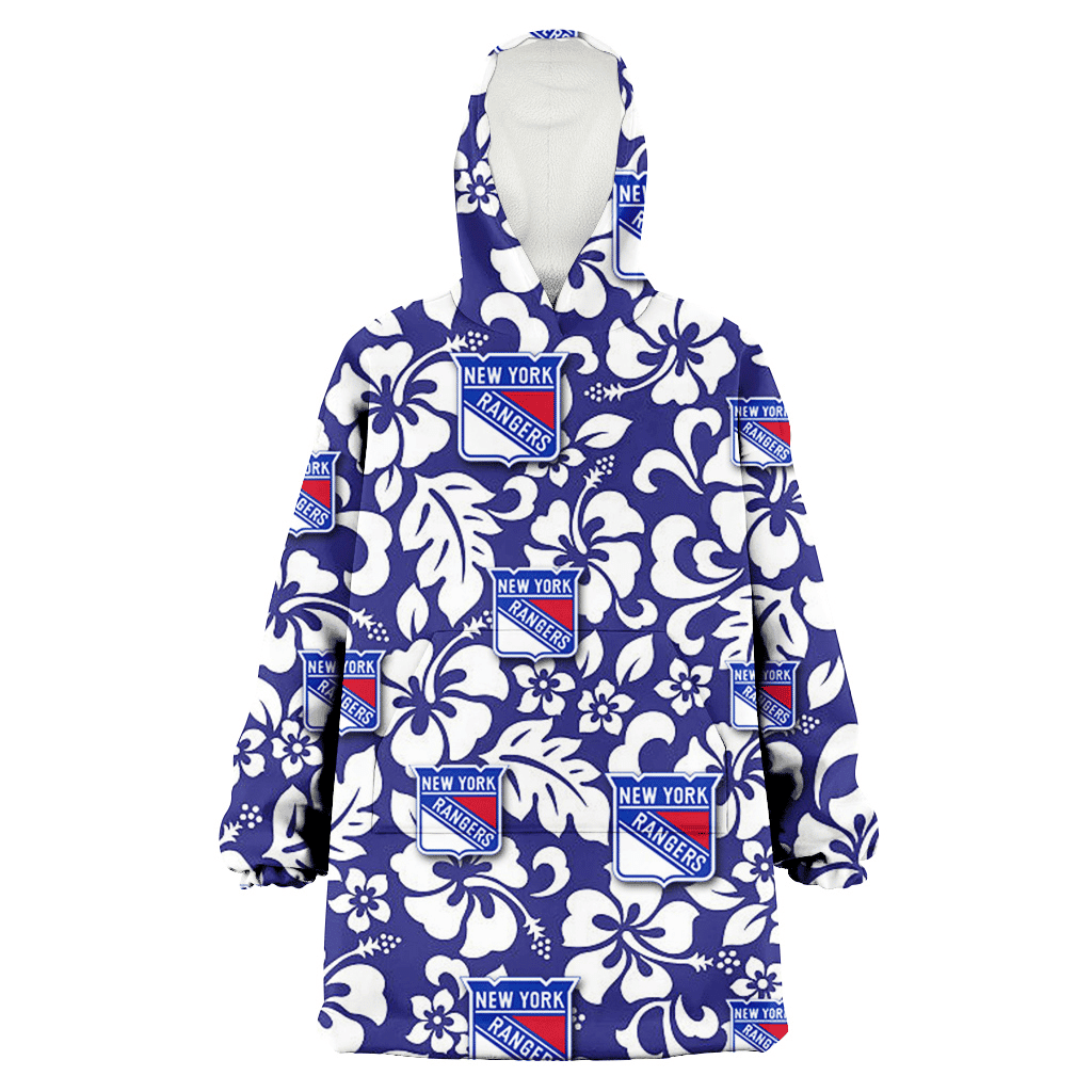 New York Rangers White Hibiscus Pattern Slate Blue Background 3D Printed Hoodie Blanket Snug Hoodie