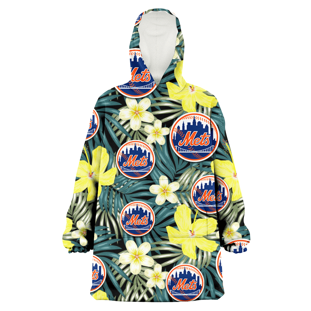 New York Mets Hibiscus Green Palm Leaf Black Background 3D Printed Hoodie Blanket Snug Hoodie