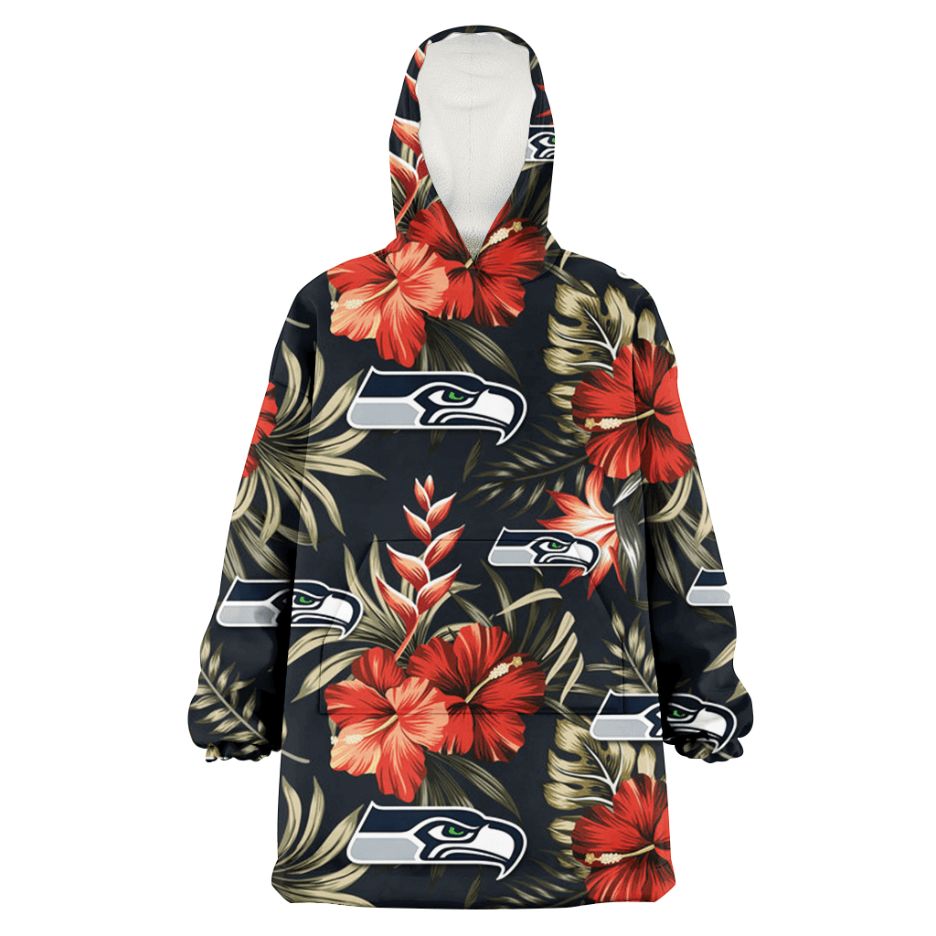 Seattle Seahawks Red Hibiscus Green Leaf Dark Background 3D Printed Hoodie Blanket Snug Hoodie