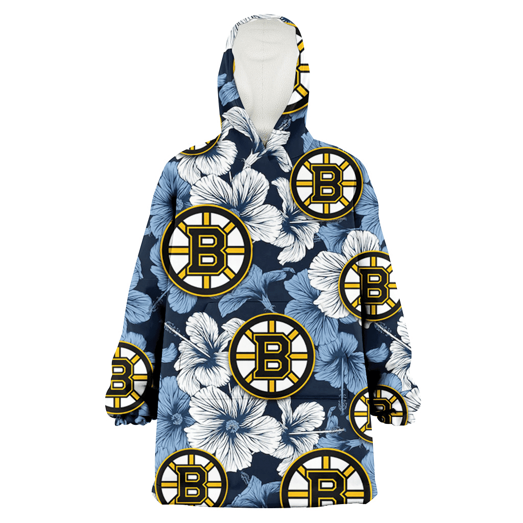 Boston Bruins White And Blue Hibiscus Dark Blue Background 3D Printed Hoodie Blanket Snug Hoodie